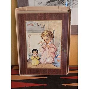 Vtg Little Girl Praying w doll Wall Plaque Decor  9" x‎ 7" CUTE! 1960s nursery